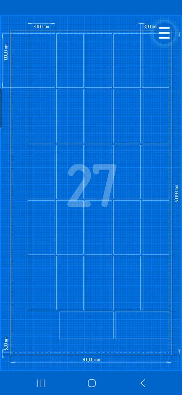 CutKit 2 blueprint layout result showing 27 rectangular parts on a sheet