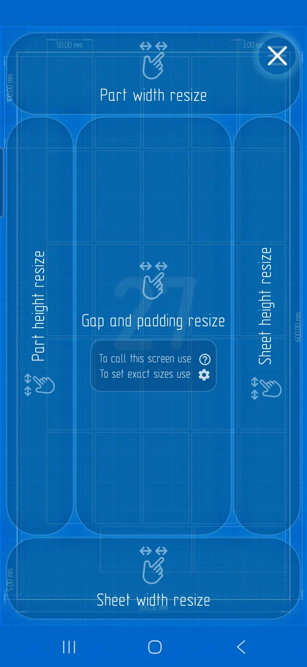 CutKit 2 resize guide screen explaining sheet width, part width, gap, and padding resize gestures