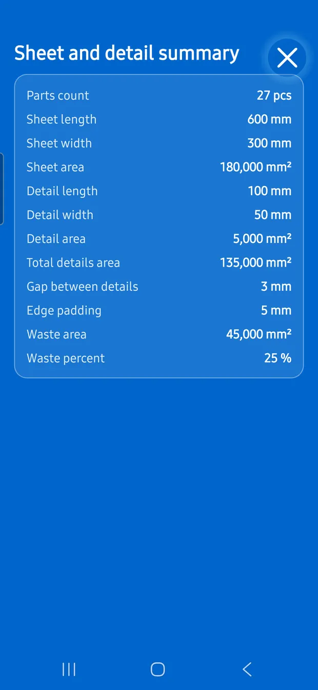 CutKit 2 sheet and detail summary with part count, dimensions, waste area, and waste percent