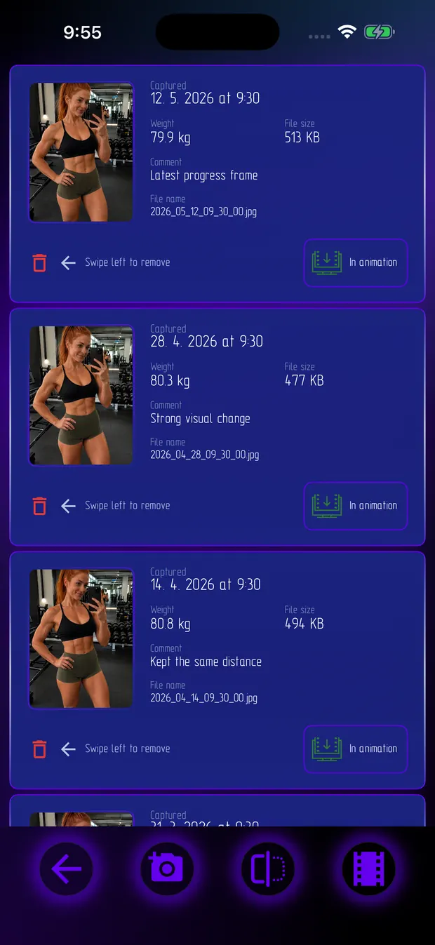 FitProgressor timeline screen listing progress photos with dates, weight, comments, and animation status